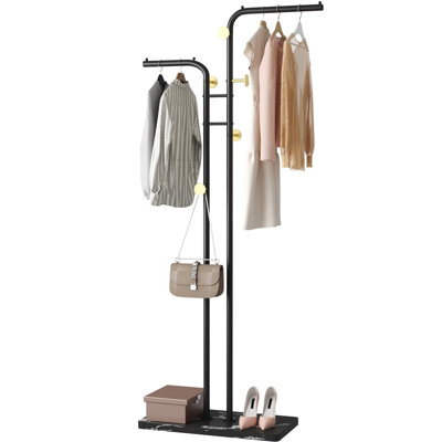 Coat Rack, Freestanding Metal Coat Racks, Double-Pole Clothes Hat Stand With 5 Hooks, Black