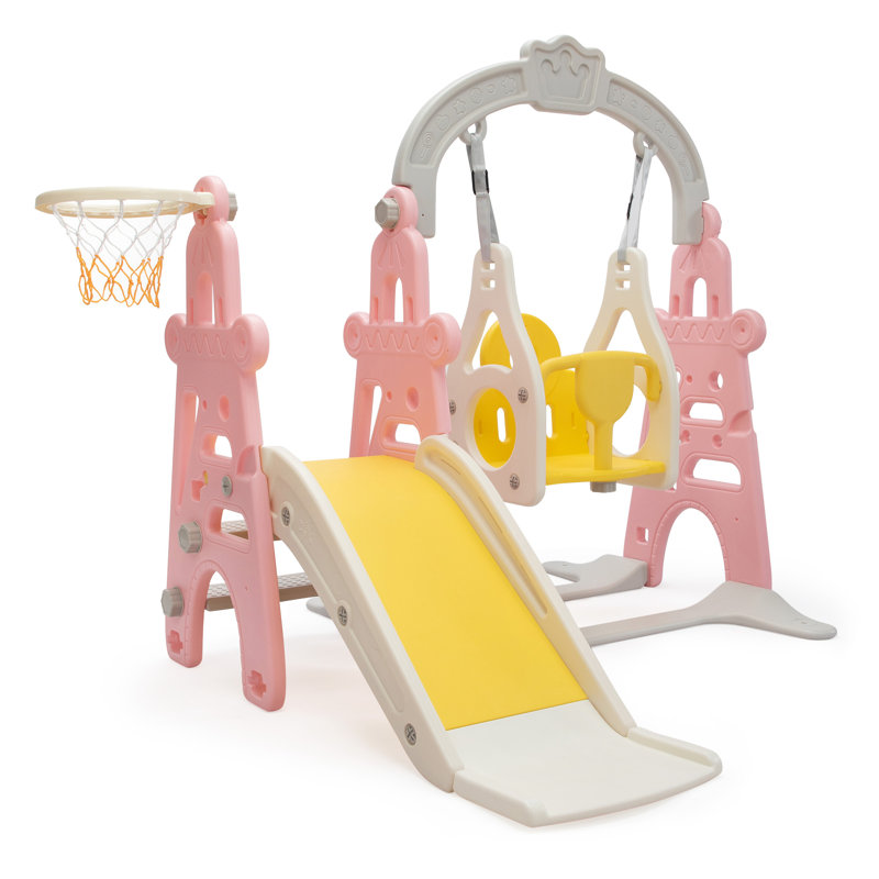 4-in-1 Toddler Slide with Extra-Long Swing Set, Age 3+, Pink