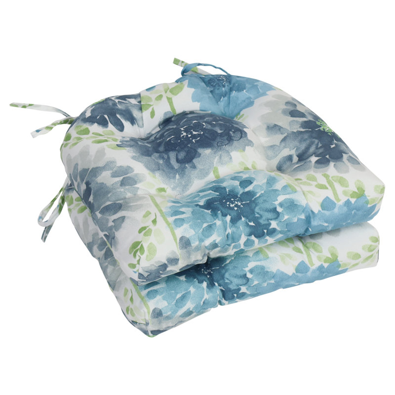 16-Inch Rounded Back Outdoor Tufted Chair Cushions (Set Of 2), White/Blue/Gardenia Cool Floral
