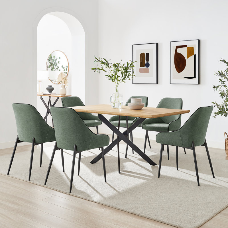 Aminata Veneer & Metal Round Dining Table With Ophelia Fabric Chairs - Modern Statement Design, 6