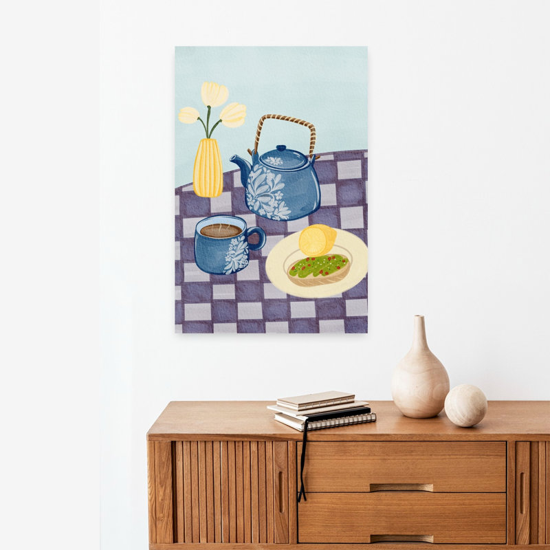 Art mural fleuri bleu, théière bleue