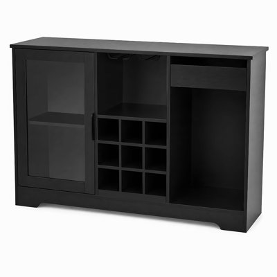Wine Storage Cabinet With LED Light, Glass Door Sideboard Bar Cabinet, Wine Bottle Grid Rack, Hanging Wine Glass Holder, Drawer For Home Bar, Black