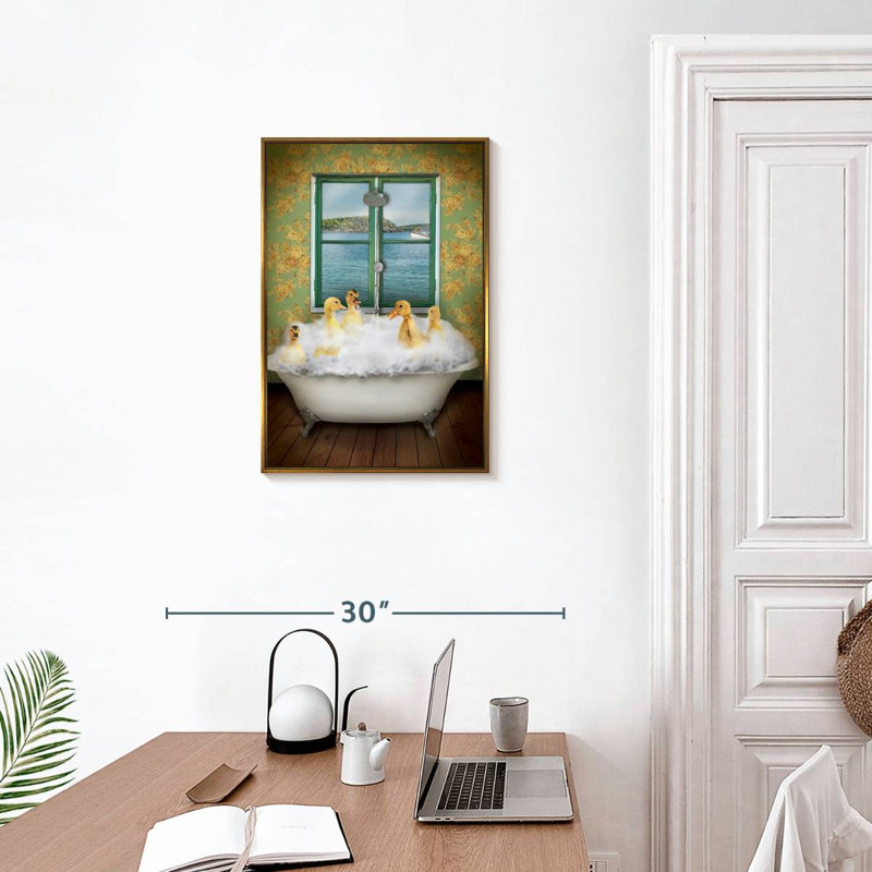 Ducks In Bath Tub, Floating Frame Gold, 17" x 25"