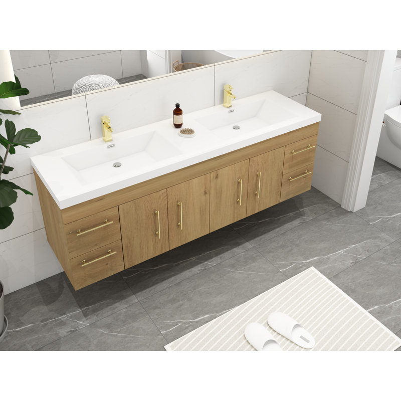 Ensemble de meuble-lavabo double mural 70,5 po Stollings, Chêne, Or