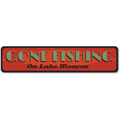 Vieille enseigne en métal «Gone Fishing»