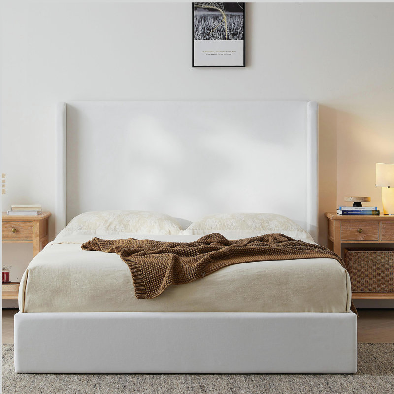 Très grand lit tapissier à oreilles avec tête de lit 52,3 po, structure de lit plateforme tapissier, aucun sommier tapissier nécessaire