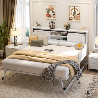 Barn Door Twin Daybeds With Pop Up Trundle With Charging Station, With Storage Headboards