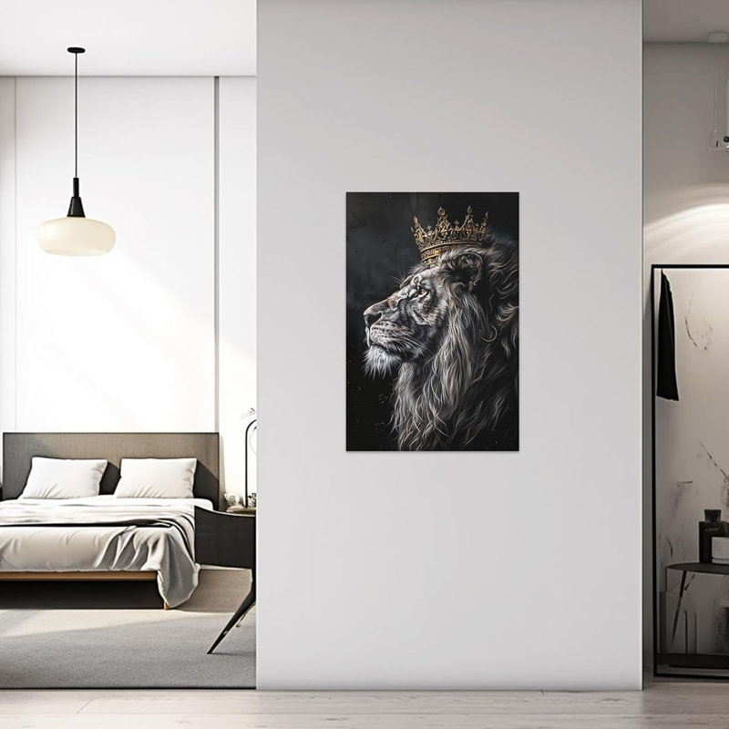 Art mural noir africain, couronne dorée, image du roi lion, reproduction sur toile, œuvre d'art afro pour bureau à domicile, décoration de salon encadrée