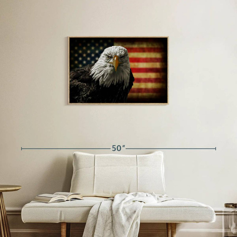 Aigle et drapeau de l'Amérique, Cadre flottant en bois naturel, 31 po x 21 po