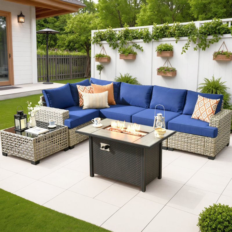 4 - Person Rattan Outdoor Seating Group With Cushions And Fire Pit Table, Navy