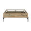 Table basse 42 po carrée en verre et métal transparent avec deux tiroirs et une tablette