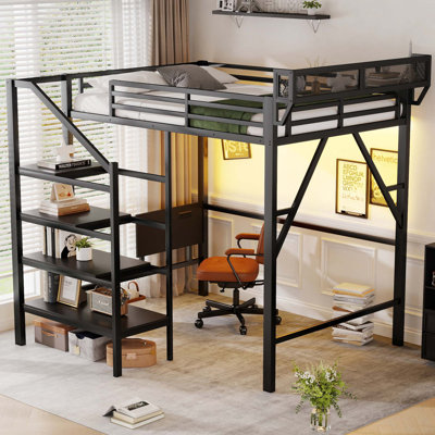 Lit mezzanine double avec bureau pliable et station de charge intégrée