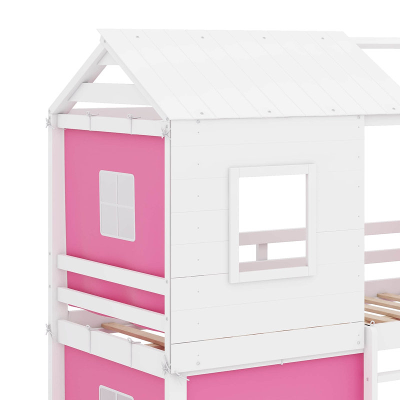 Lit simple superposé en bois avec tente, Simple, Rose/Blanc