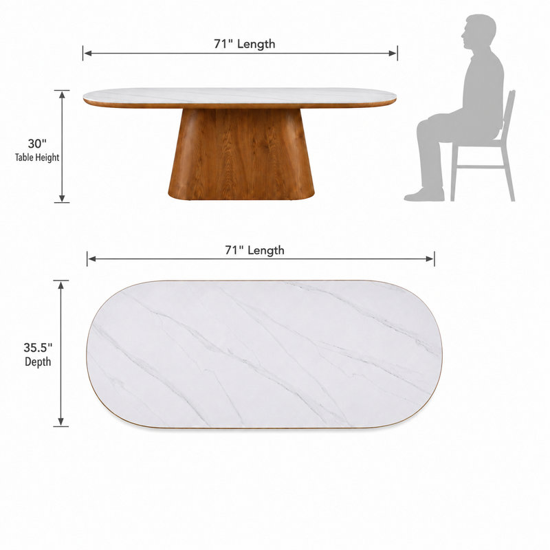 Table de salle à manger ovale Aykah Lumera 71 pouces pour 6 personnes, plateau en pierre frittée blanche et pied central, mobilier de salle à manger moderne pour maison et appartement