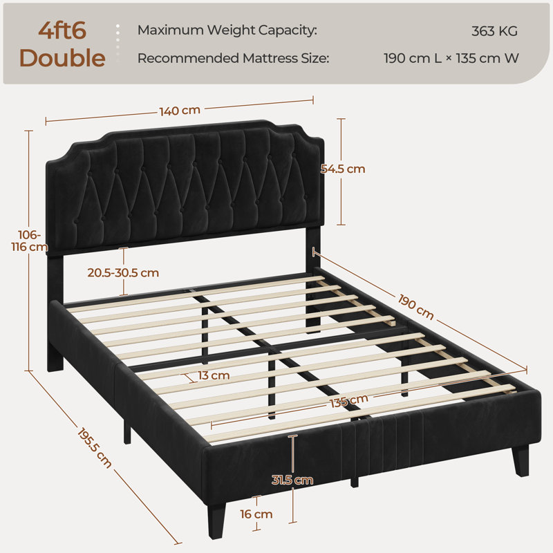 Upholstered Bed Frame with with Diamond Button-Tufted Headboard, Double (4'6), Black