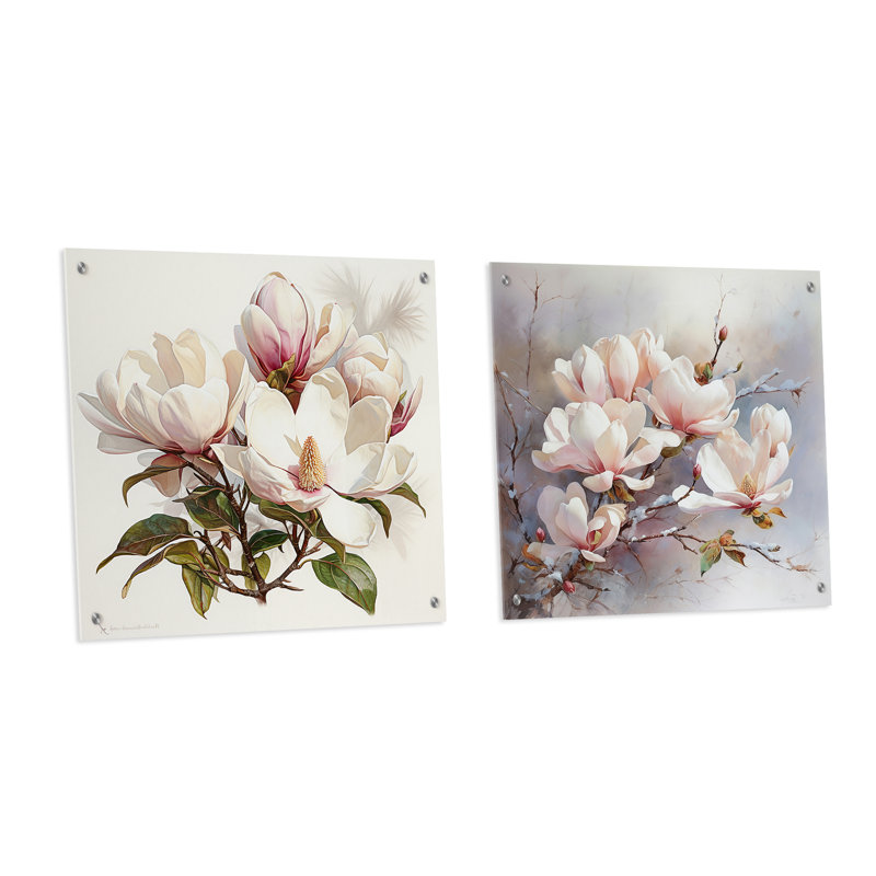 «Magnolias Charm In Winter», ensemble de 2 peintures murales en acrylique Magnolias, H 36 po x l 73 po