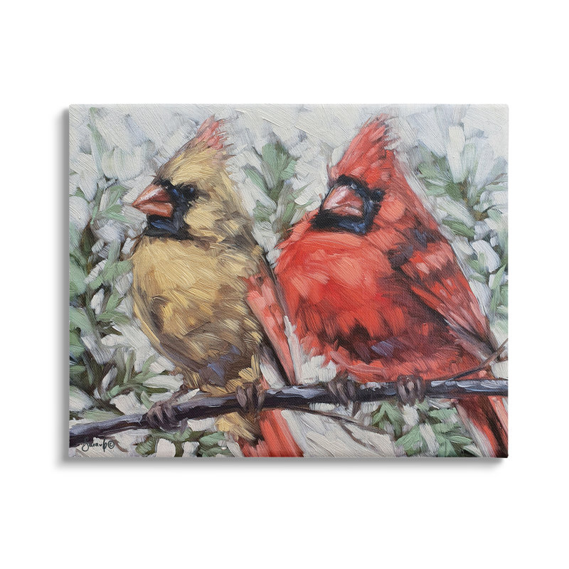 Deux arbres cardinaux perchés d'hiver - peinture sur toile tendue, H 24 po x l 30 po x P 1,5 po