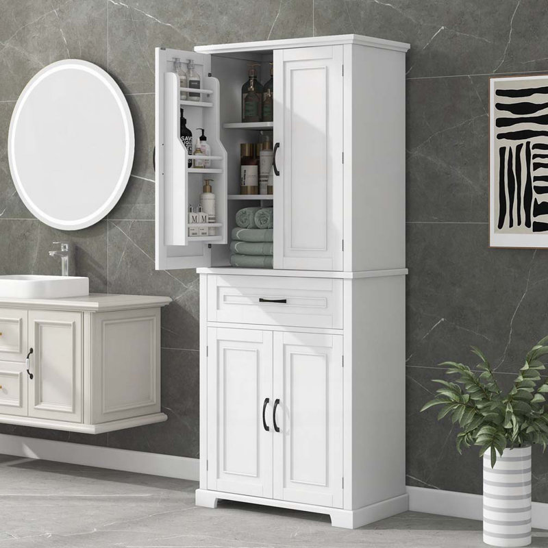 Armoire de rangement de salle de bain avec portes et tiroirs, panier à linge inclinable, plusieurs espaces de rangement
