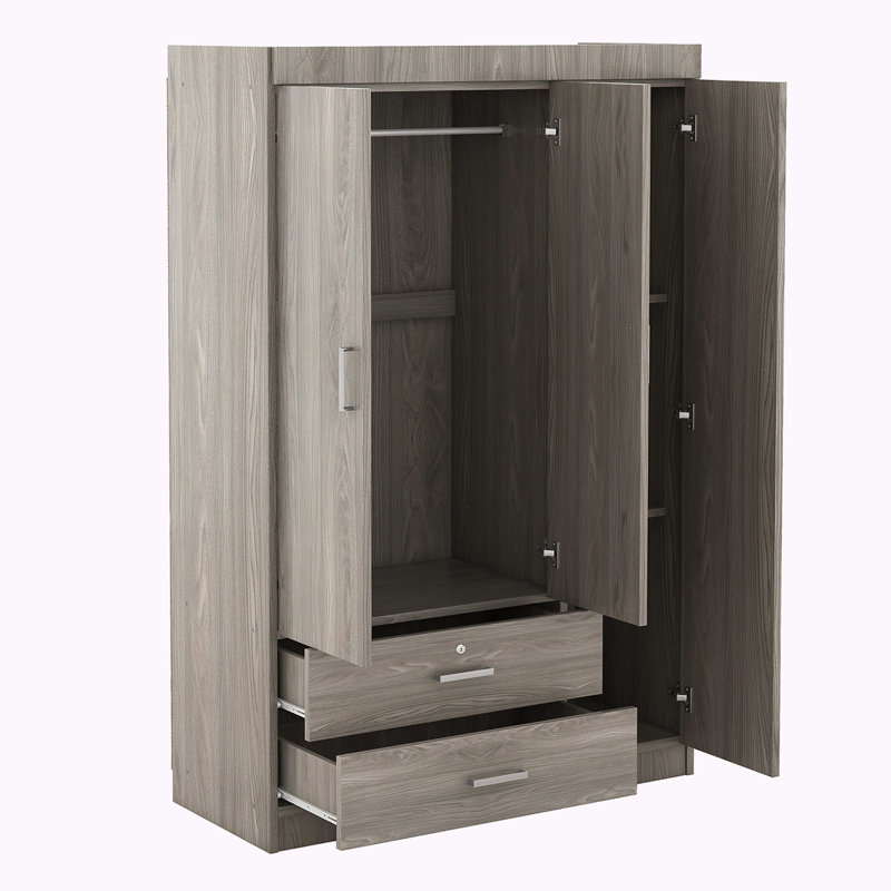 3-Doors Wooden Wardrobe Storage for Bedroom, Grey