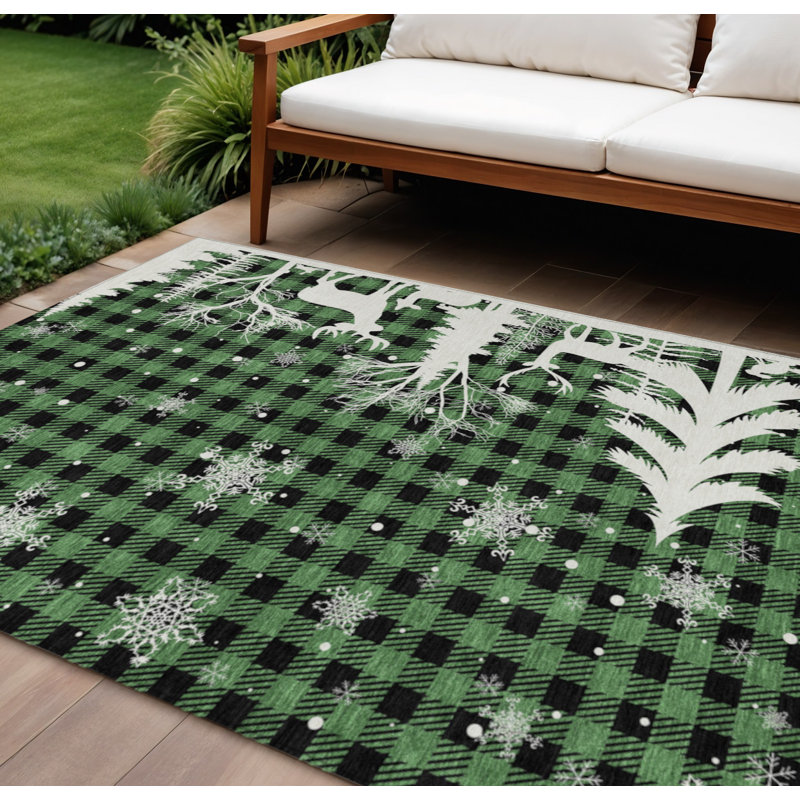 Tapis extérieur lavable à carreaux vert et noir 8 pi x 10 pi ivoire