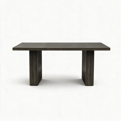 Table de salle à manger gris foncé à bords ondulés, grand plateau rectangulaire, structure en bois robuste, sièges spacieux pour 6 à 8 personnes, assemblage facile