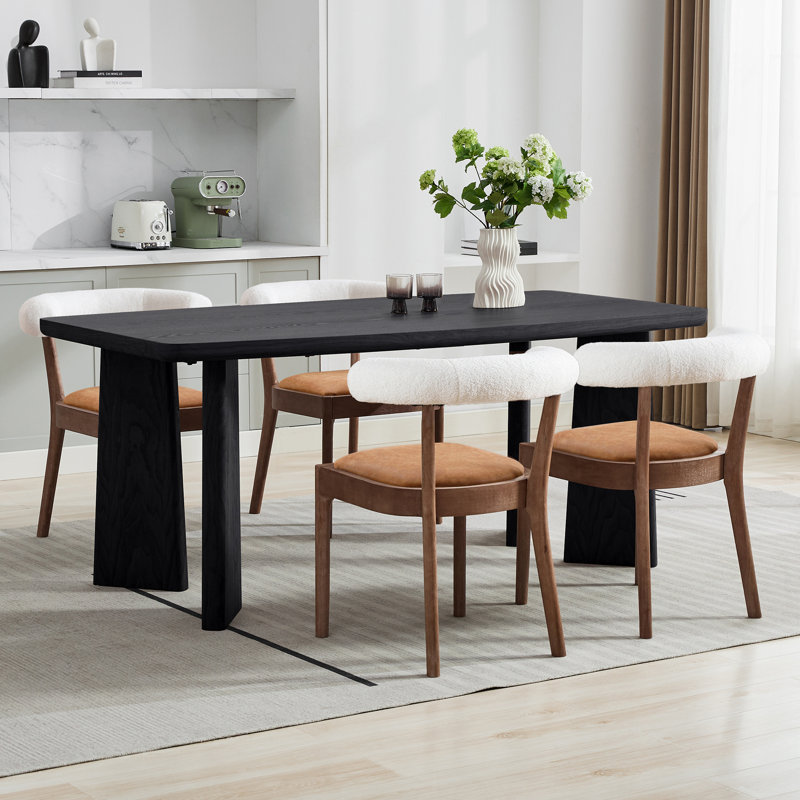 Ensemble de table à manger moderne, table de salle à manger rectangulaire et chaise de salle à manger rembourrée à dossier demi-tonneau avec structure en bois massif pour la salle à manger / cuisine