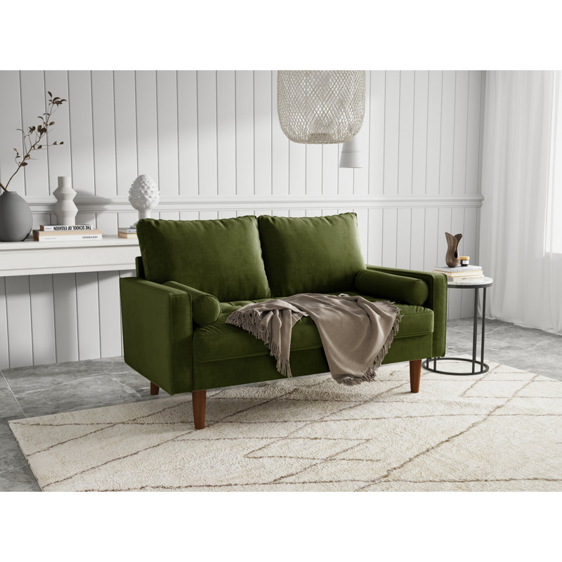 Brighton 58" Mid-Century Modern Velvet Loveseat, Tufted Square Arm Apartment Sofa with 2 Bolster Pillows, Army Green Velvet