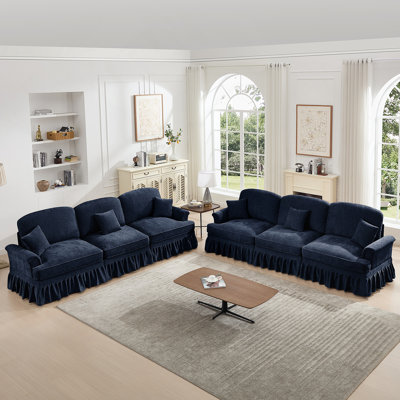 Classic Sleeper Sofa With Removable Ruffles And Spindle Legs, Modular Sectional With 3 Movable Ottomans For Versatile Seating