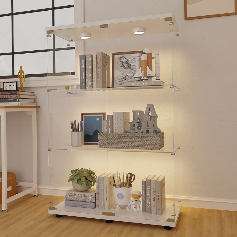 Versatile Tempered Glass Display Cabinet With Battery - Powered Light, Adjustable Feet And Casters For Any Indoor Space Storage