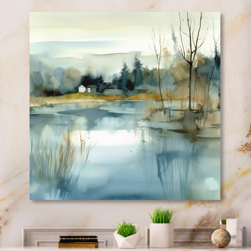 Summer Lake Landscape Illustration V - Lake, art mural, H 16 po x l 16 po x P 1 po, Toile tendue