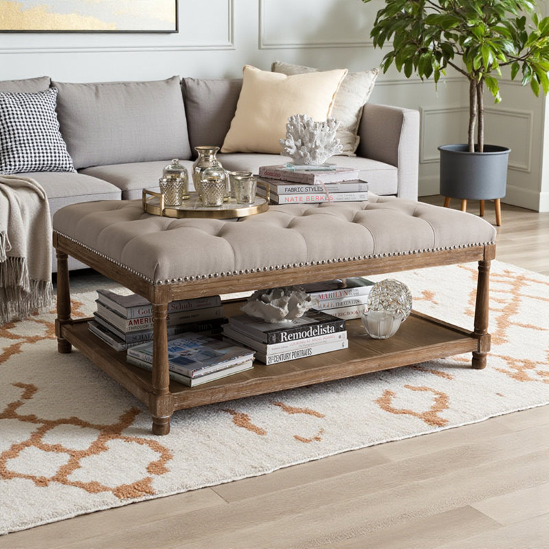 Frias Coffee Table in Weathered Oak & Beige Linen upholstery, 18.42'' H X 42.09'' W X 30.64'' D