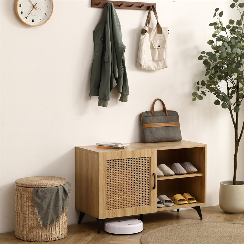 Armoire de rangement moderne pour chaussures avec porte en filet de rotin naturel et poignée en bois massif 39,37 pouces
