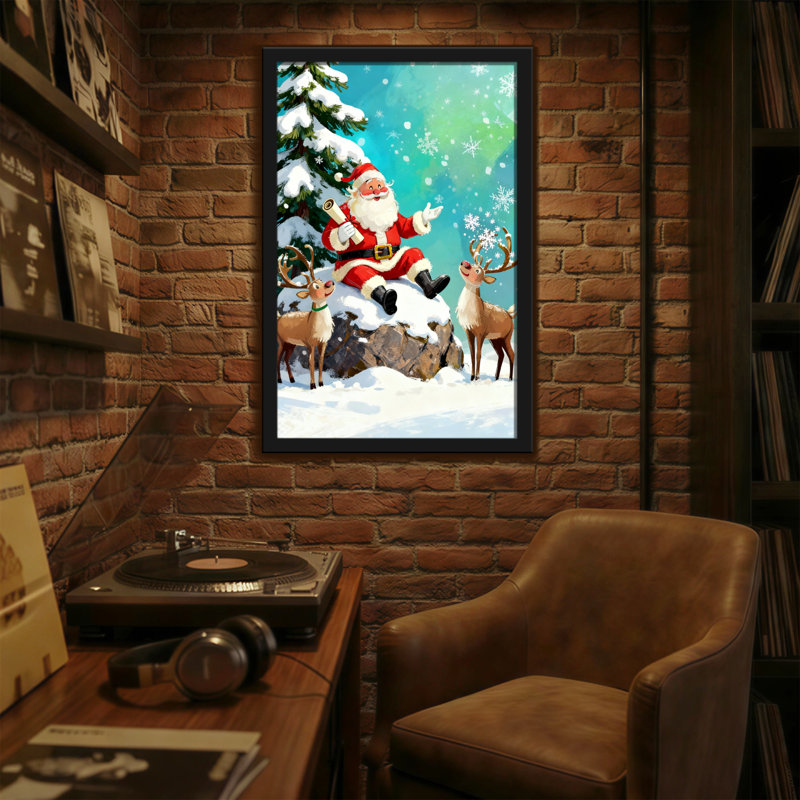 Père Noël avec des rennes dans une scène enneigée, H 36 po x l 24 po