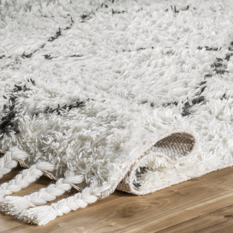 Twinar Geometric Hand Knotted Wool Off White/Dark Gray Shag Area Rug, Square 8'