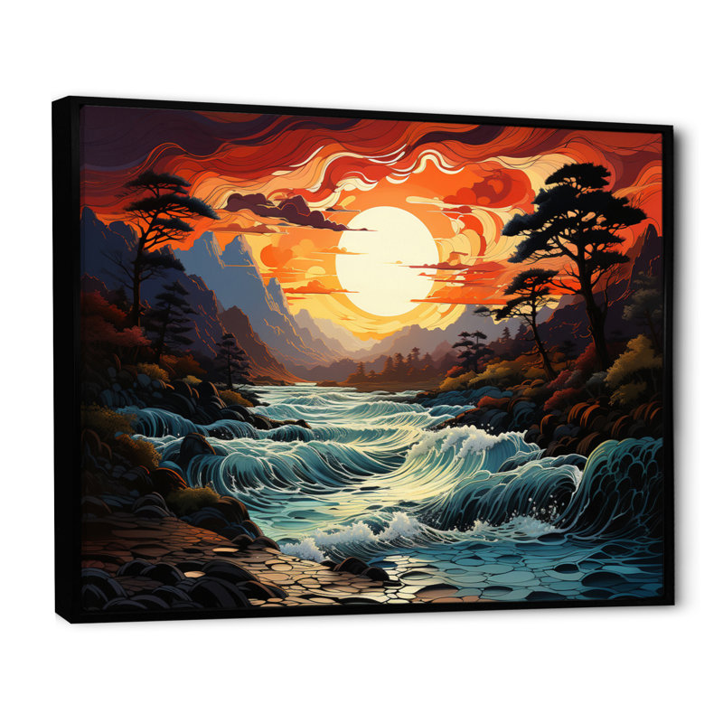 Bijal Coastals Sunset Majestic Mountain River II - impression, Cadre flottant noir, H 24 po x l 32 po x P 1 po