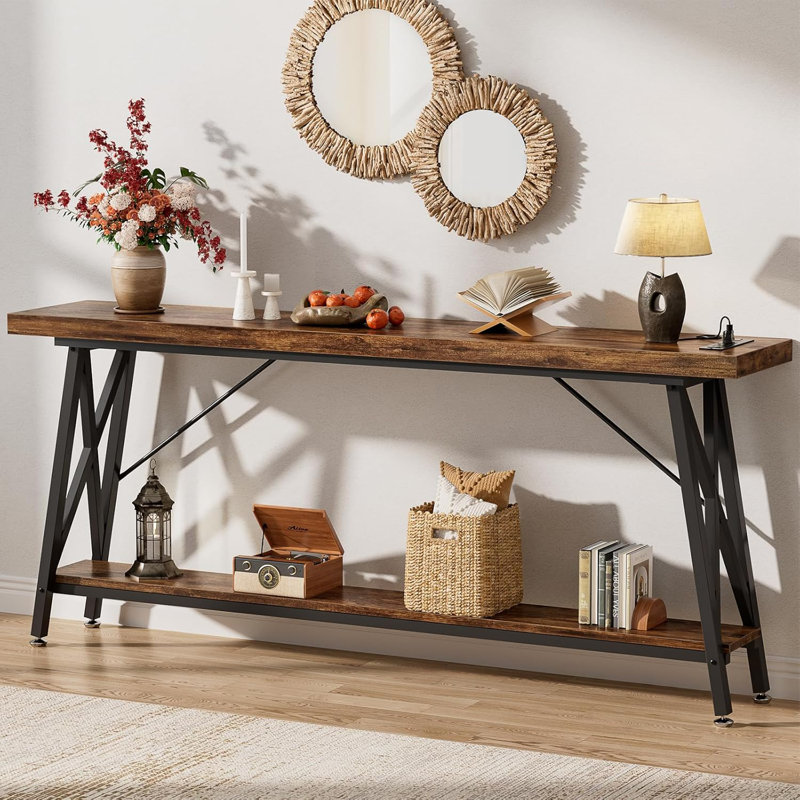 70.9'' Console Table with Charging Station, Rustic Brown