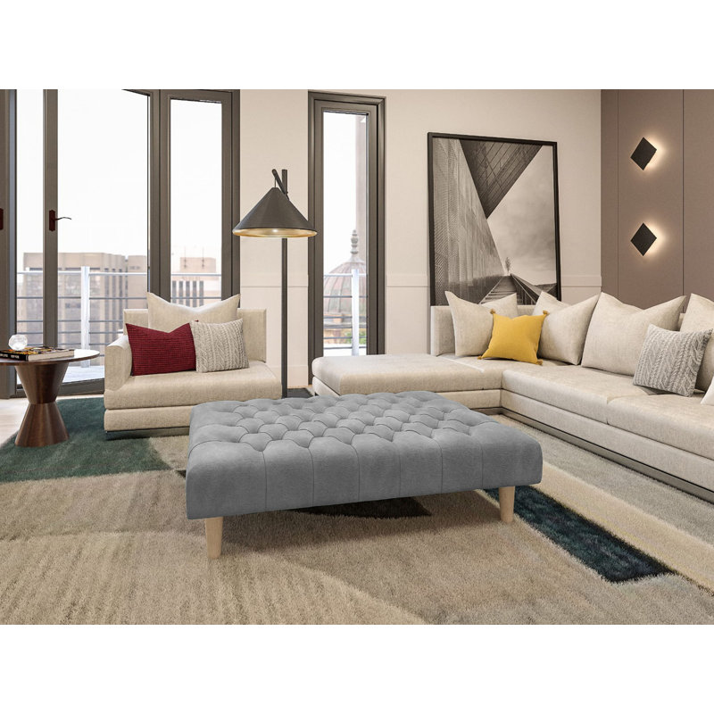 Castle 100cm Wide Velvet Tufted Rectangle Solid Colour Cocktail Ottoman, Grey
