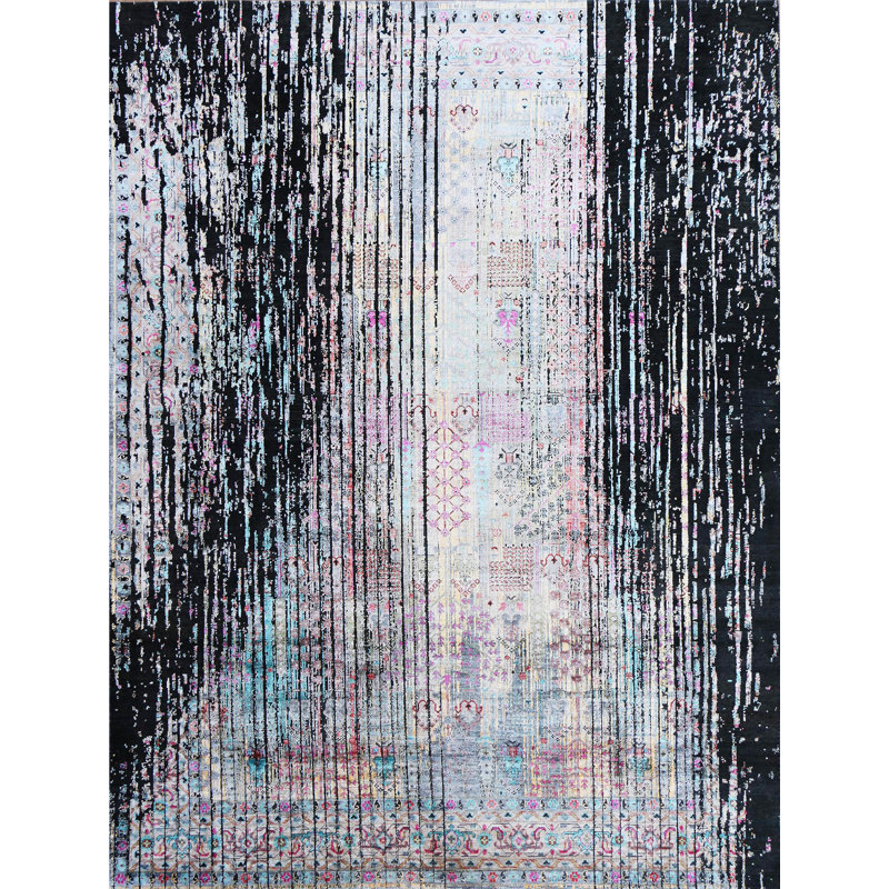Tapis noir et multicolore de haute qualité noué à la main, Rectangle 10 pi x 14 pi