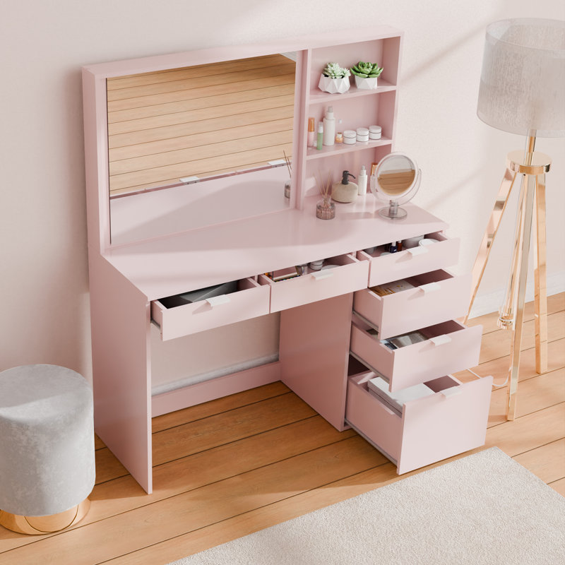 Penn Vanity Table with 6 Drawers & Storage Niche, 47.2"W Makeup Desk, Pink