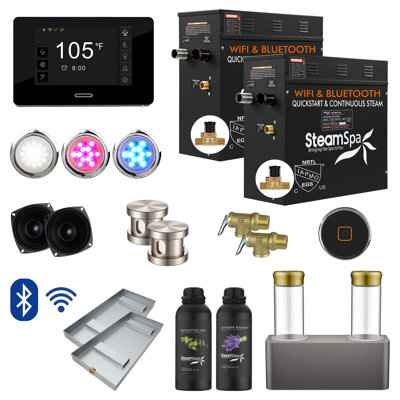 Ensemble de générateur de bain de vapeur à démarrage rapide 2 x 9 kW avec Bluetooth et double pompe à arôme en chrome poli Black Series