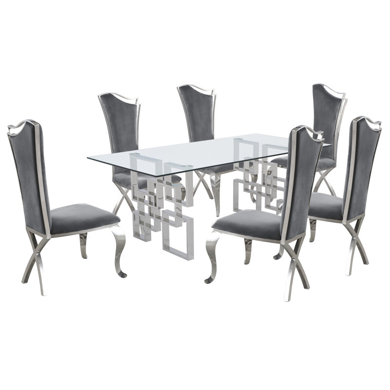 6 - Person Glass Top Double Pedestal Dining Set, Gray