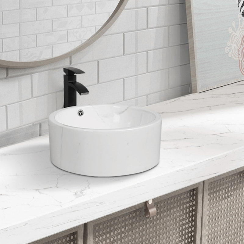 Lavabo de salle de bain vasque circulaire en céramique blanche 16 "x 16" avec bonde escamotable