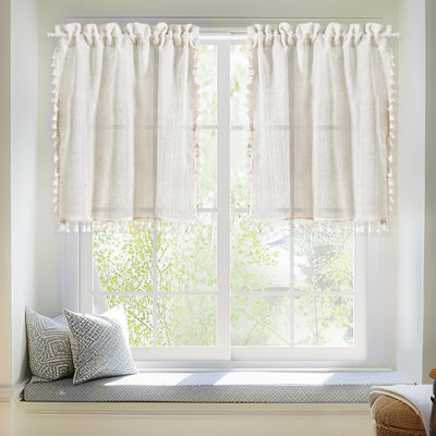 Linen Blended Farmhouse Semi Sheer Kitchen Curtains (Set of 2)