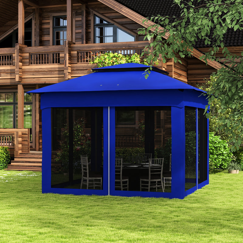 Abri escamotable 11 pi X, pavillon de jardin extérieur avec filet à fermeture à glissière amovible, tente instantanée, tente de patio bleue pour la cour
