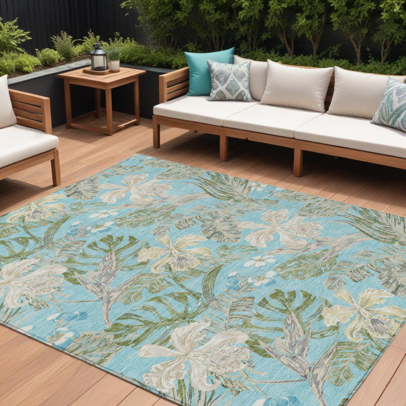 Tapis d'extérieur lavable 8 pi x 10 pi bleu sarcelle, vert olive, vert, feuilles botaniques