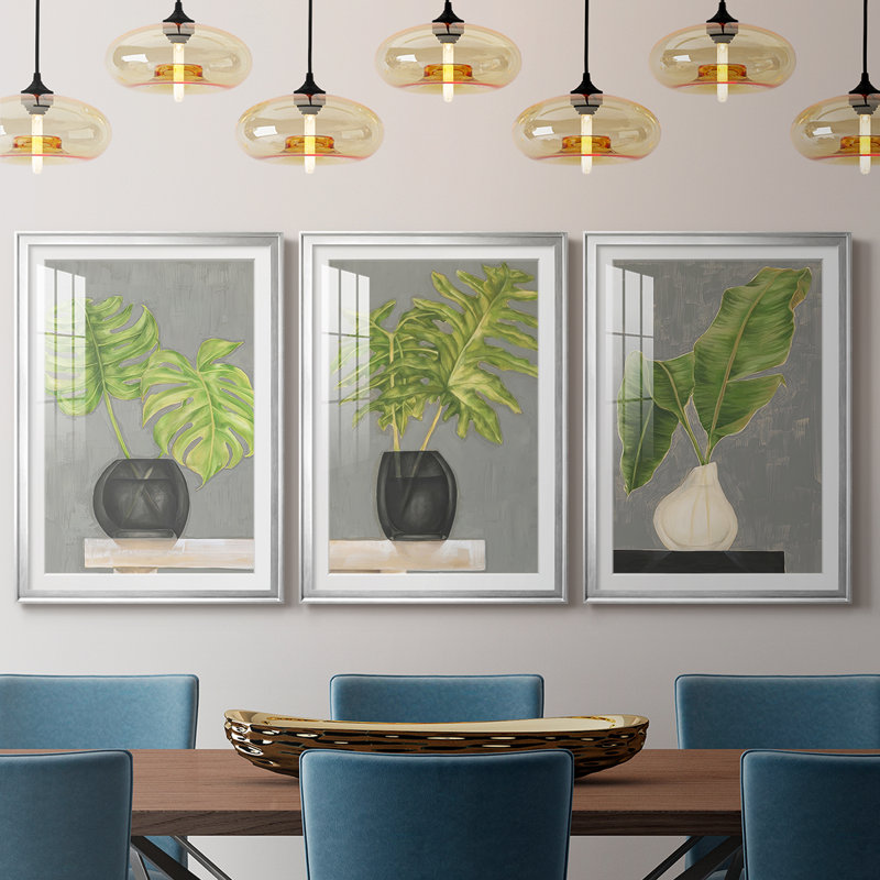 Fronde dans un vase I - Impression encadrée sur mesure de qualité supérieure - 3 pièces, H 21 po x l 30 po, Argent argent