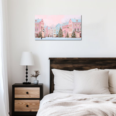 GUTTATY Christmas Canvas Wall Art, Winter Village Snow Scene Canvas Painting, Pink and Blue Holiday Wall Decor, Seasonal Artwork Poster for Living Room, Bedroom, Office, 40x20 Inch