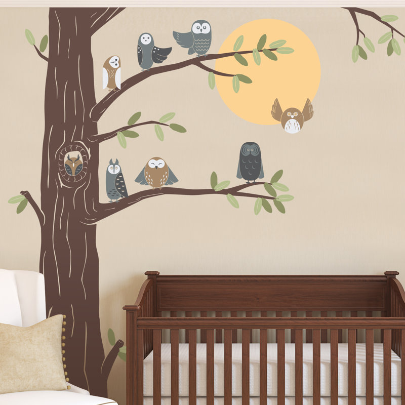 Adhésif décoratif arbre amical avec hiboux, Gris foncé / brun / gris clair