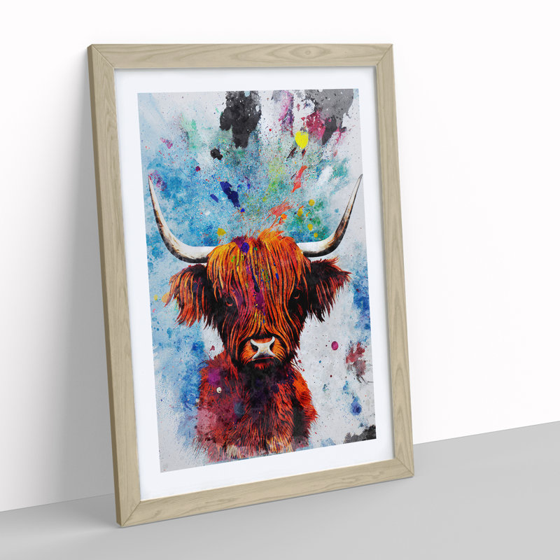 Highland Cow Splash No.1 - Single Picture Frame Painting, 64cm H x 46cm W x 2cm D, Oak