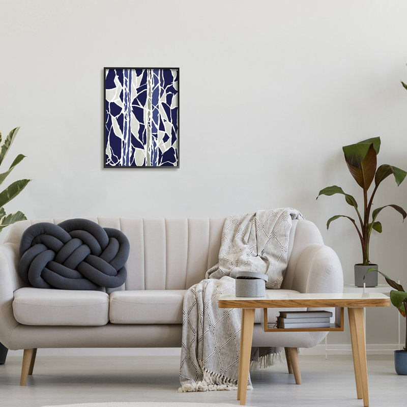 Indigo pierres mosaïque abstraite moderne en verre, H 16 po x l 20 po, Giclée encadrée noir minuit